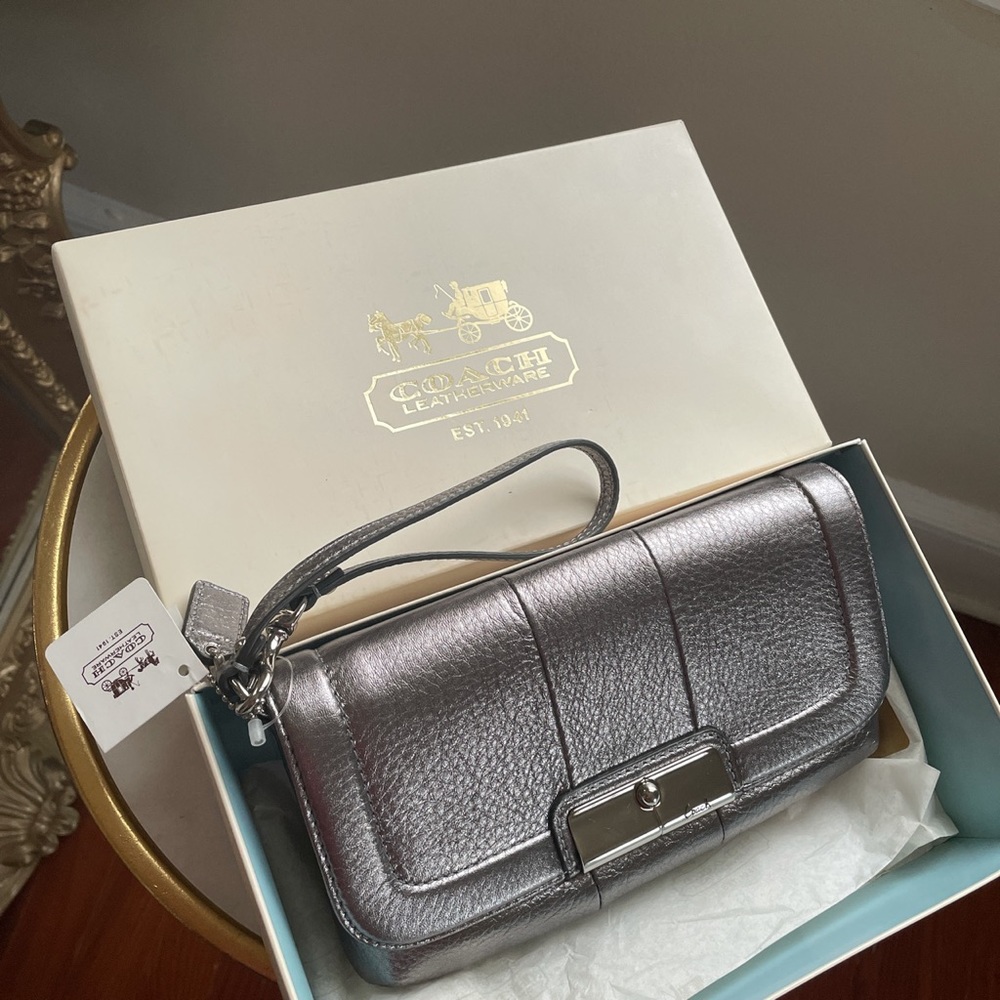 COACH gunmetal leather wristlet/small purse